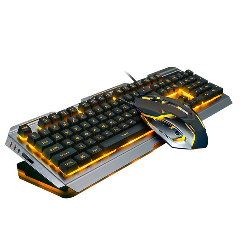 VKTECH 104 keys Gaming Mechanical Keyboard Mouse Set USB Wired Ergonomic RGB Backlight Keyboared Gaming Gamer Keyboard Mouse Set: Gold