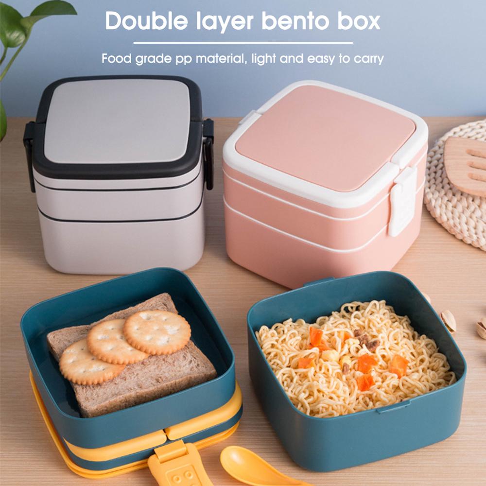 1pcs Stackable Bento Lunch Box with Handle 2-Tier Lunch Container Microwave Safe Heat with a Spoon 3 Colors Square and Circle