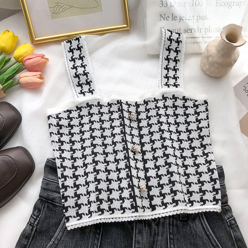 Oudea – débardeur à bretelles en pied-de-poule pour femme, haut court décontracté avec boutons en perles, Vintage, boîte Picto Edge, été: style 1 white