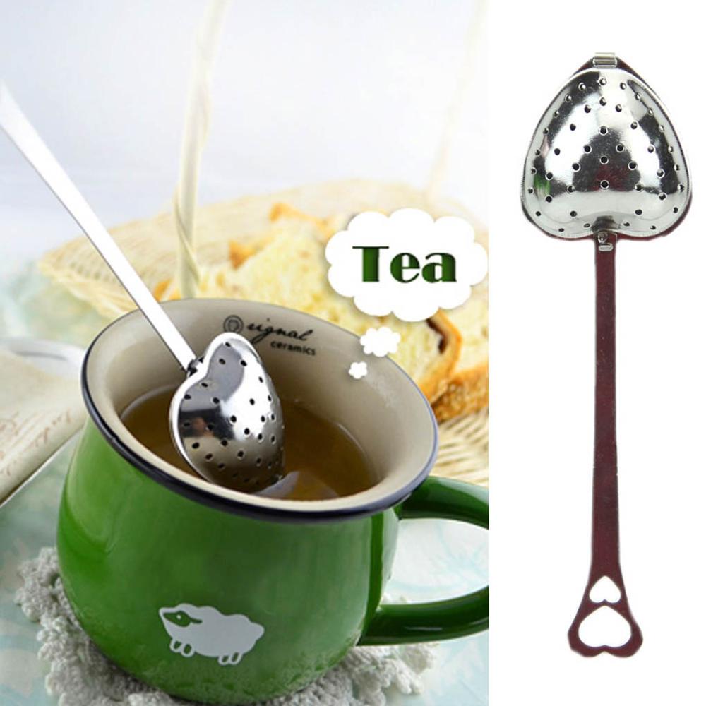 Utensilios de cocina para infusiones en forma de corazón, cuchara de acero inoxidable, colador, mango, filtro de té