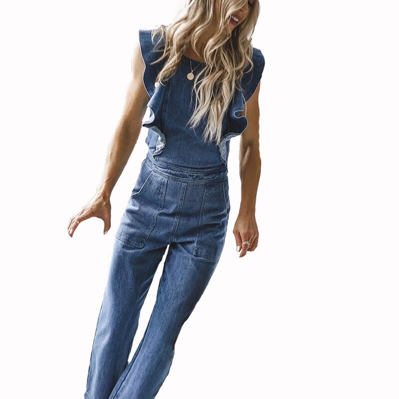 Blå denim overalls jumpsuit romper kvinder flæser rygløse sommer dame afslappede kvindelige bukser jeans kalenmos