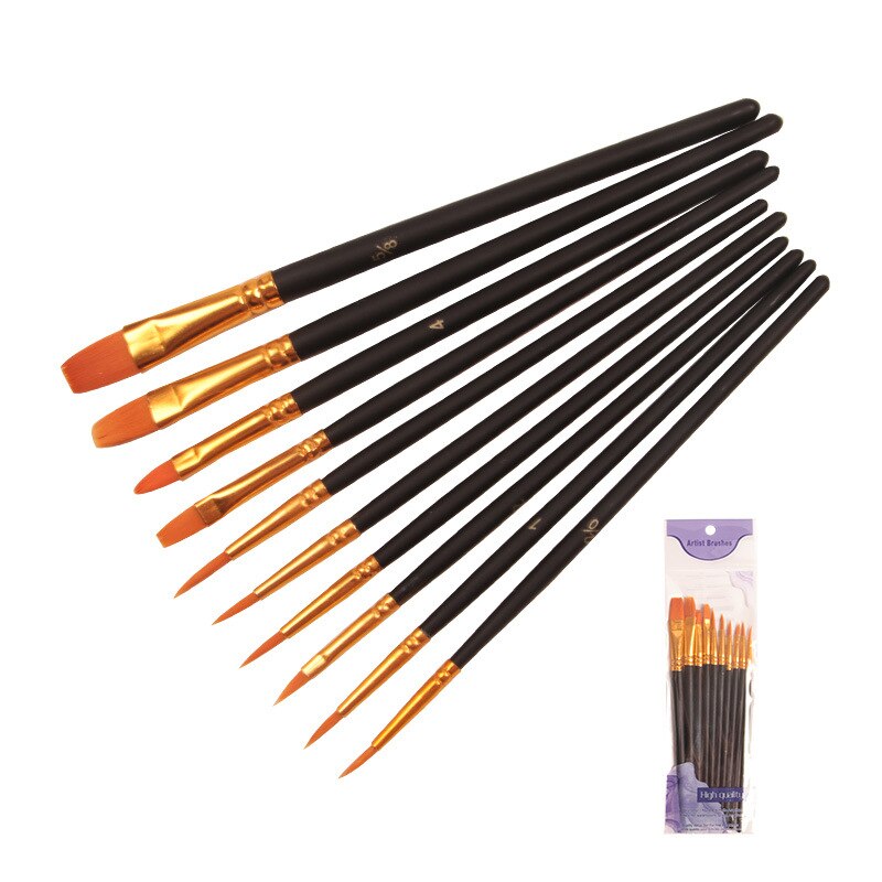 10Pcs/set Nylon Artist Paint Brush Watercolor Acrylic Wooden Handle Painting Brushes Art Supplies Stationery