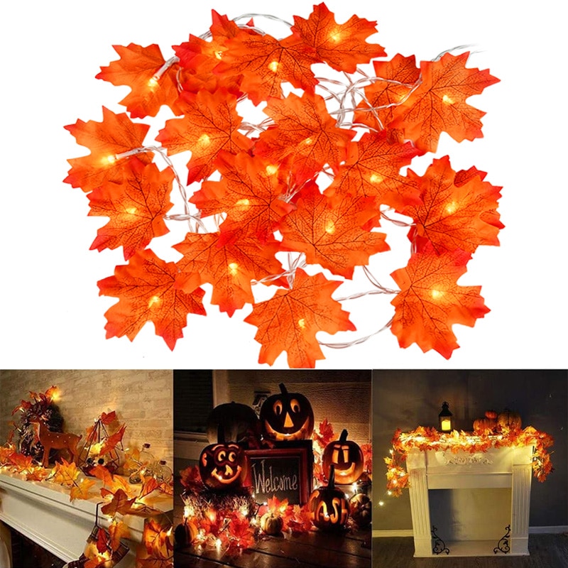 Guirnalda de Hojas de arce artificiales de otoño, decoración de guirnaldas de luces Led para Navidad, Acción de Gracias, decoración para fiestas para montar Halloween, 2M, 10Led
