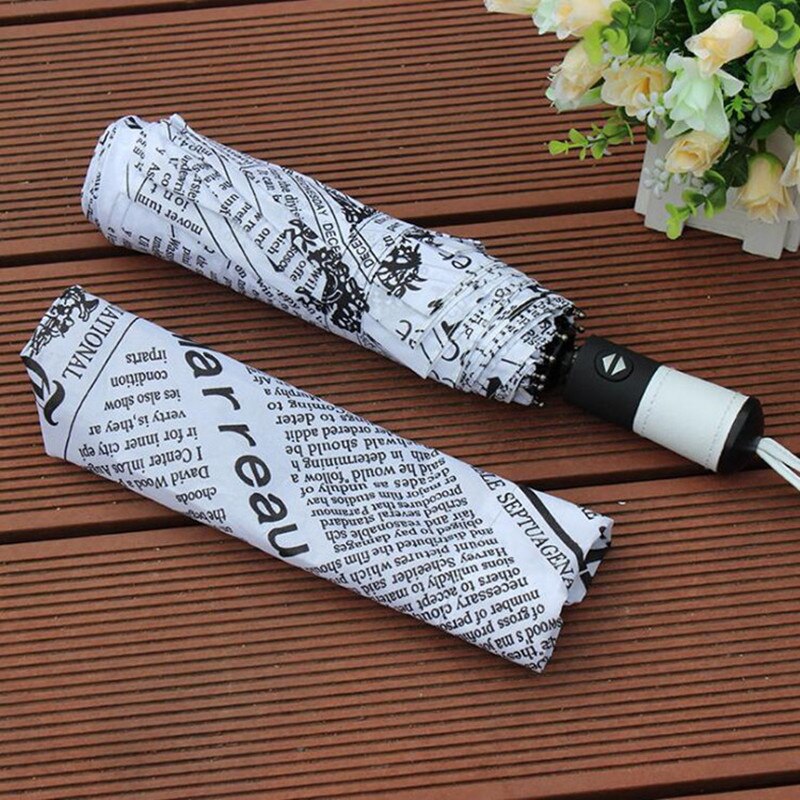 Fully Automatic Upscale Three-Folding Retro Style Printing Umbrella Black and White Newspaper Printing Sunscreen Folding Umbrell