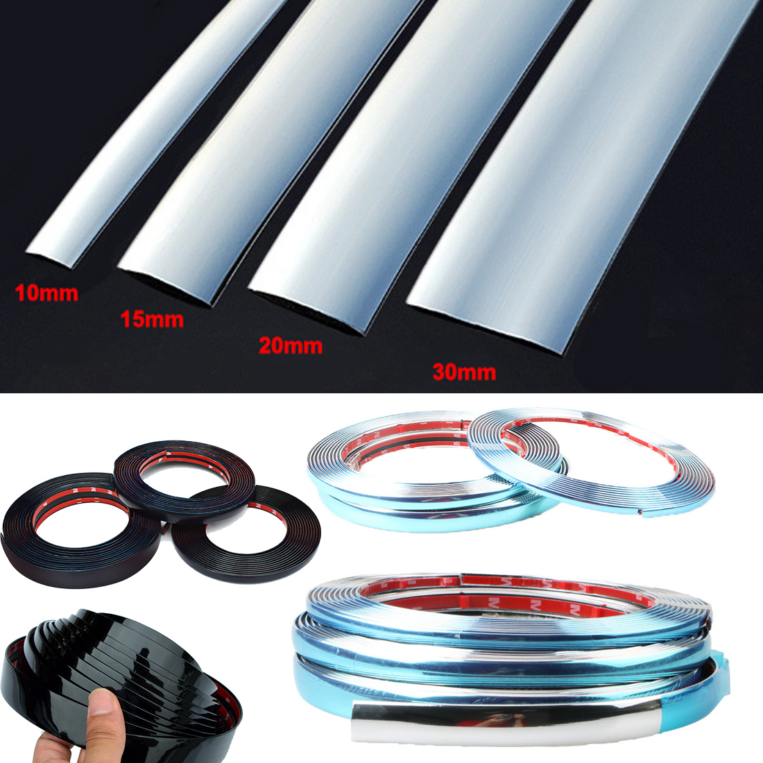 3M/5M Exterior Car Chrome Body Strip Bumper Auto Door Protective Moulding Styling Trim Sticker 10mm 20mm 25mm 30mm 50mm