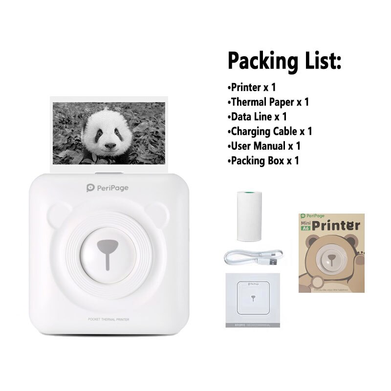 A6 peripage mini pocket printer draadloze bluetooth thermische labelprinter draagbare fotoprinter inktloze usb android ios telefoon: Wit  a6
