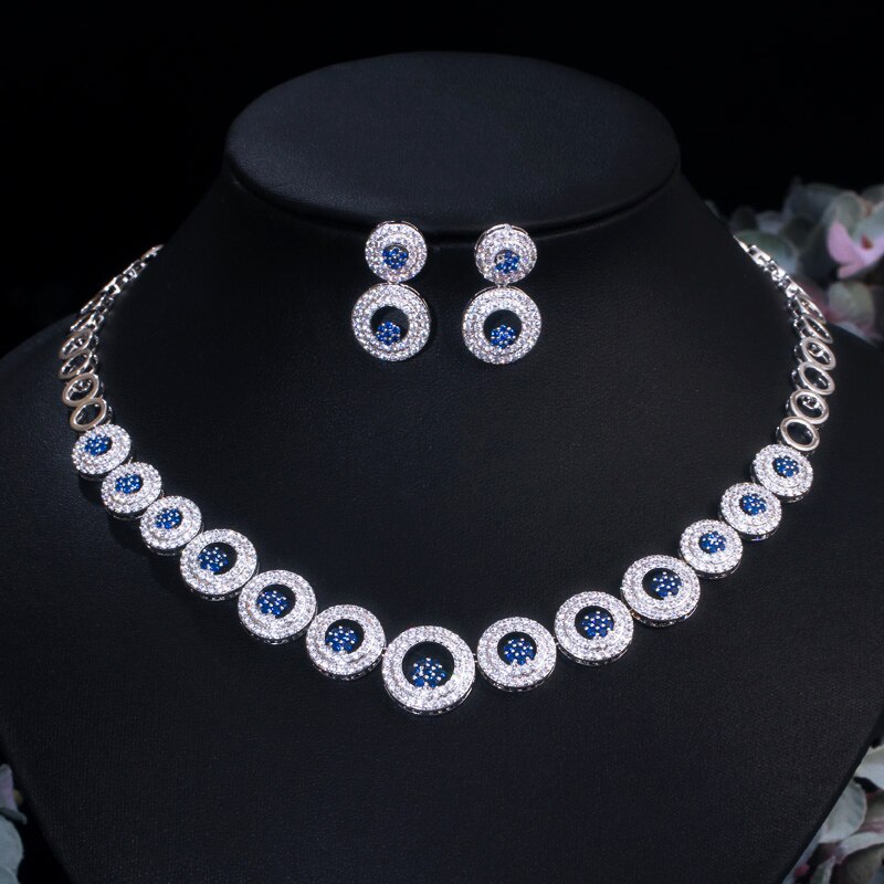 CWWZircons vert cubique Zircon pierre grandes boucles d'oreilles rondes et collier de ensemble de bijoux de mariée accessoires de fête de bal T444: blue