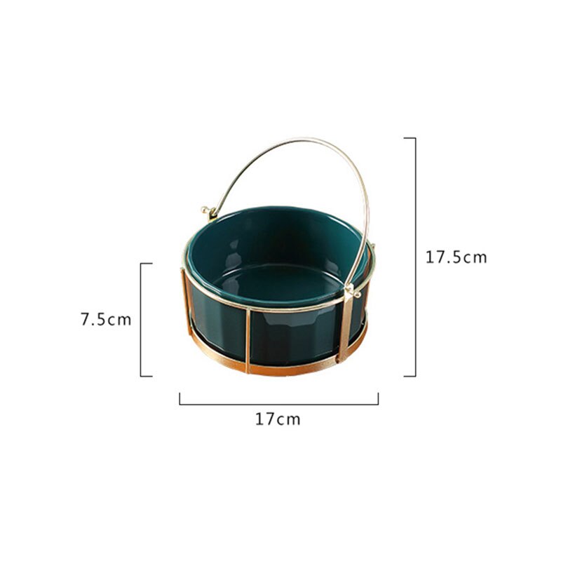 Simple Art Luxury Ceramic Handle Fruit Snack Plate Home Dark Green Phnom Penh Grid Plate Snack Dried Fruit Plate with Iron Shelf