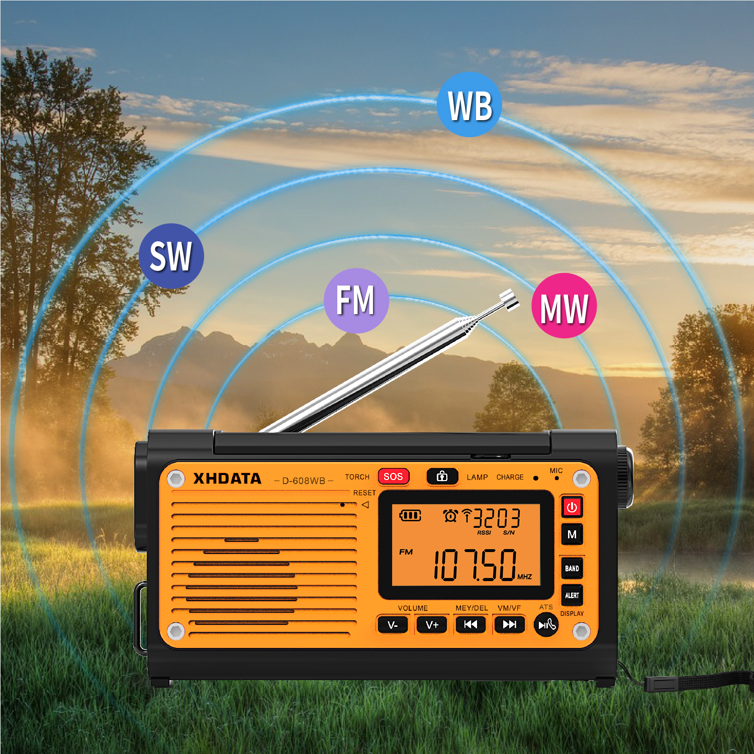 XHDATA D-608WB Awaryjne radio pogodowe FM/AM/SW/NOAA Przenośne radio z ładowarką do telefonu, Bluetooth, zasilanie bateryjne