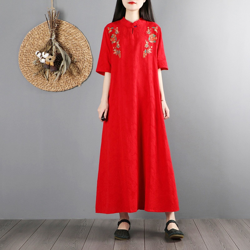 Chinese Dress Qipao Women Long Cheongsam Dress Cotton Linen Embroidery Chinese Traditional Dress Long Dress Qipao KK3698: 5