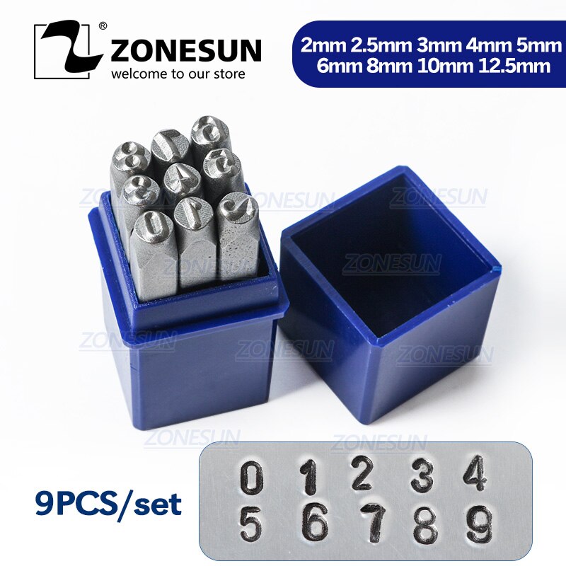 ZONESUN 9PCS Carbon Staal Antieke Tinnen Nummer &quot;0-9&quot; Rechthoek Punch Metalen Stempelen Gereedschap 65mm (2 4/8 &quot;) x 11mm, 1 Set