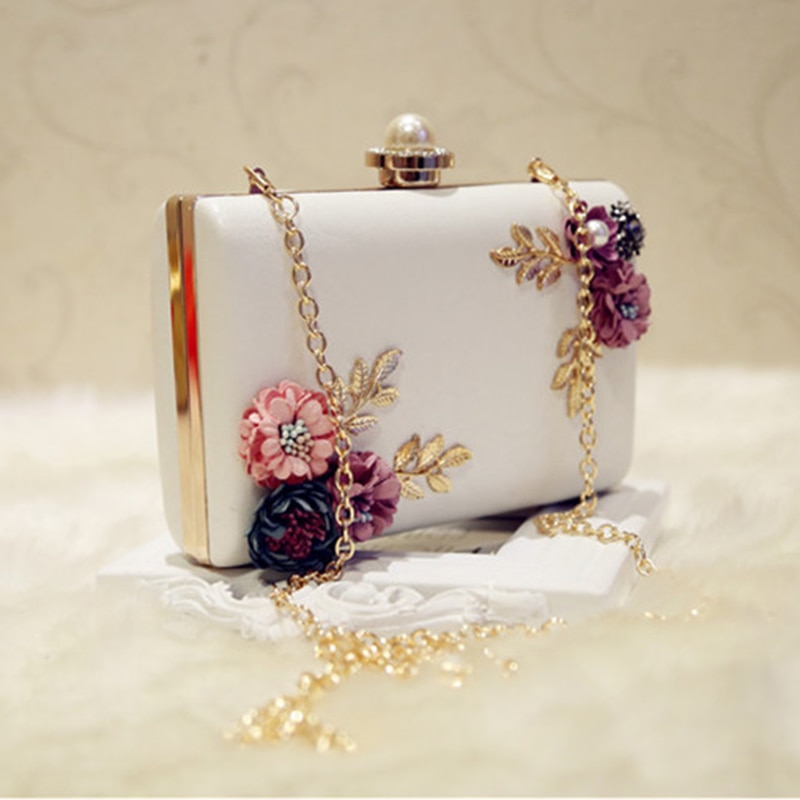 Dames leren avondtas, diner, feest, bruiloft, bloemen clutch (wit)