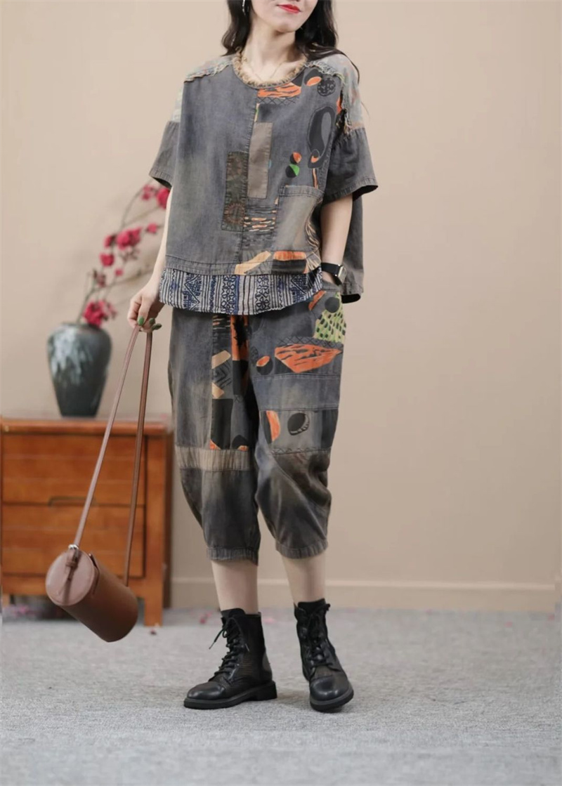 Conjunto de calças jeans Harlan de mulher, coreano, estilo étnico, pequeno, casual, roupa de alta qualidade, estampada, feminina, verão, novo, 2024