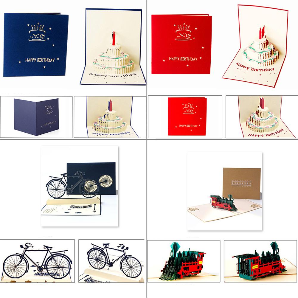 3d fødselsdagskort greating invitationskort med kuvert exquiste håndlavet lys kage cykeltog posetcard festforsyning