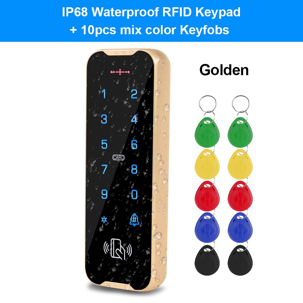 Outdoor Waterproof Access Control Keypad RFID Keyboard System 125KHz Card Reader Metal Touch Controller Wiegand26/34 Doorbell: Golden with Mix Key
