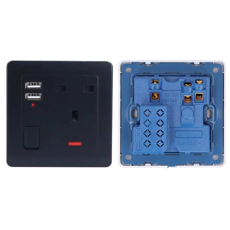 Multi-Functional Wall Power Outlet Socket with 2 USB Port 13A for Home Office Black Household Socket UK Plug 250V
