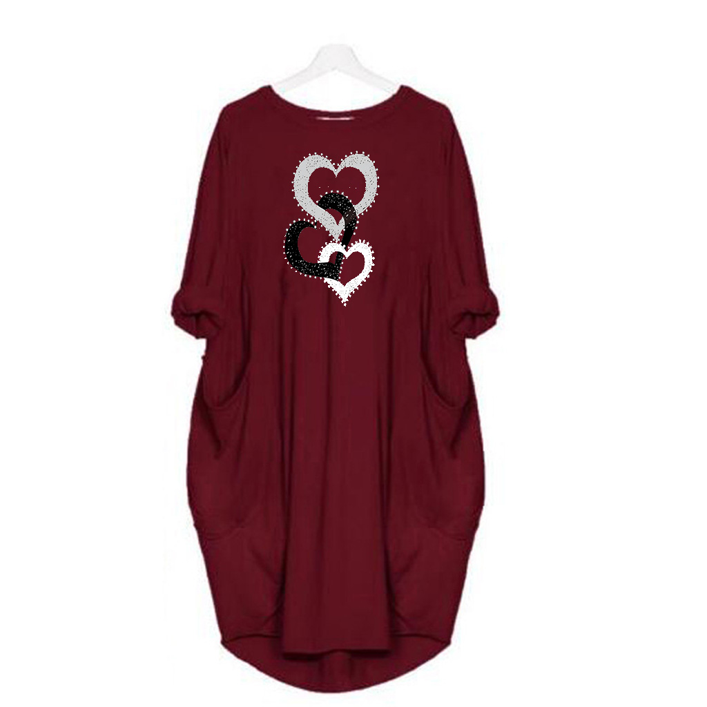 Vestido con bolsillo estampado en forma de corazón para mujer, ropa informal de manga corta con cuello redondo para primavera y verano: L / Color claret