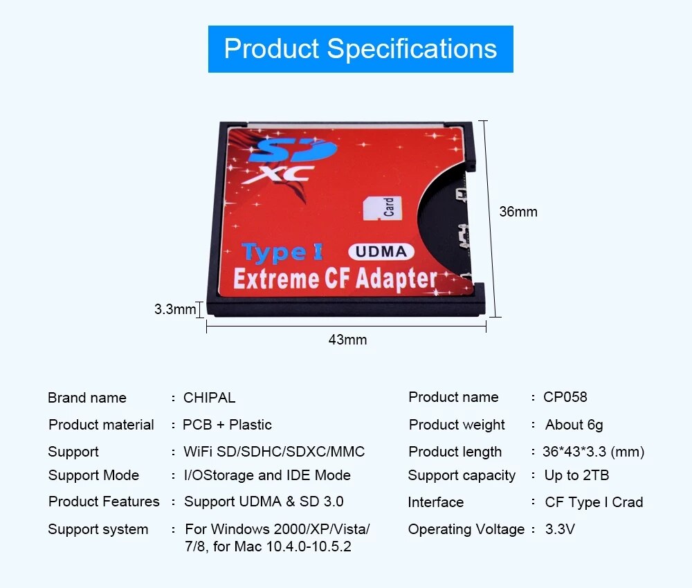 SD to CF Card Adapter SDHC SDXC to Standard Compact Flash Type I Card Converter UDMA Card Reader With SD Card 16GB-128GB