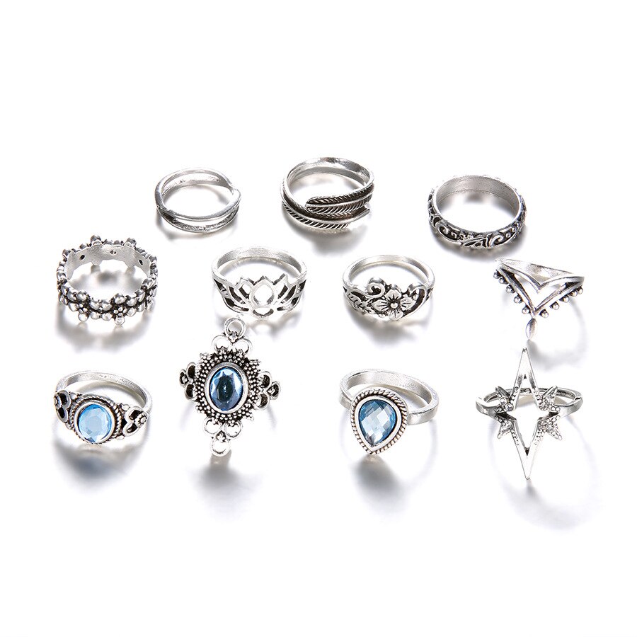 Ensemble d'anneaux d'articulation Vintage pour femmes, bijoux bohémiens, en cristal, plumes de lotus sculptées, 11 pièces