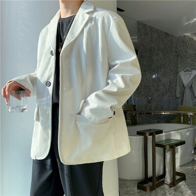Abrigo informal holgado Estilo Vintage coreano para hombre, traje polar con dos botones, chaqueta de Color sólido con Bolsillo grande: White / L