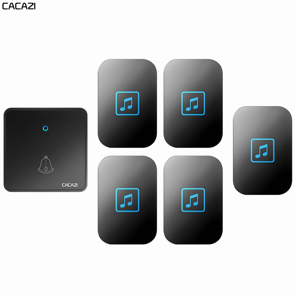 CACAZI – sonnette sans fil étanche à 300M, télécommande à 60 anneaux, batterie CR2032, 1 émetteur 5 récepteurs, prise US EU UK, carillon 0-110DB