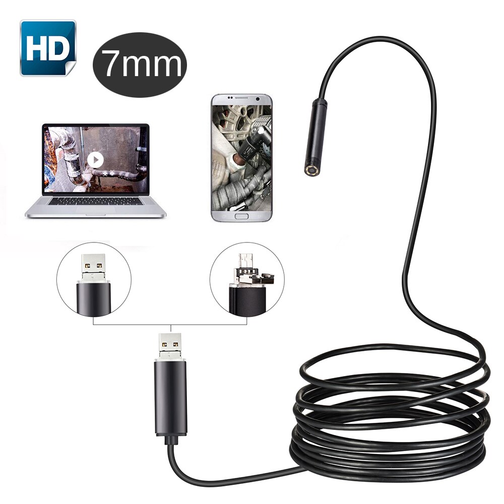 USB Endoscope Camera 7mm Lens 1m/2m Semi Rigid Tube Endoscope Borescope Video Inspection IP67 Waterproof for Android PC