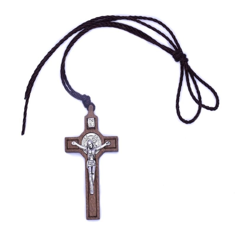 Jesus kors halsband trä metall hänge smycken män kvinnor katolska religiösa