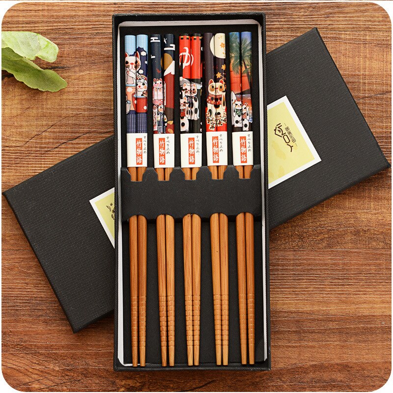 Reusable Japanese style bamboo chopsticks set 5 pairs of Chinese food dessert chopsticks: A