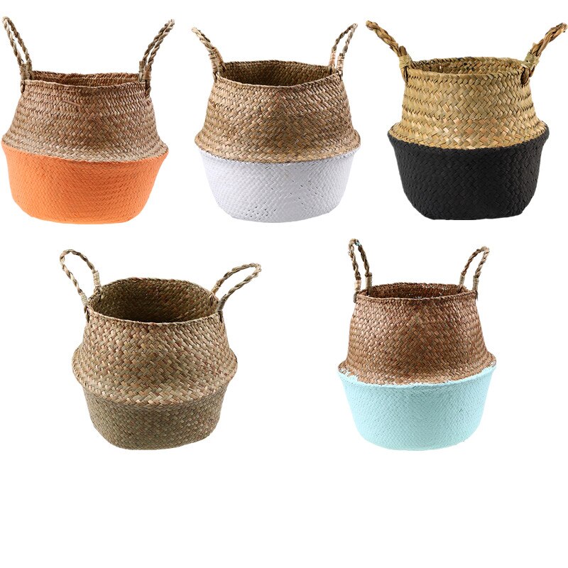 Small Wicker Basket with Handles Seagrass Woven Storage Basket Laundry Toys Picnic Basket Foldable Belly Organizer