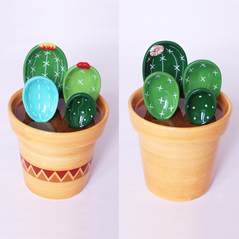 A0KE Ceramic Cactus Measuring Spoons with Holder Set Baking Measuring Spoons for Home Kitchen Cooking Baking Sugar Salt Add