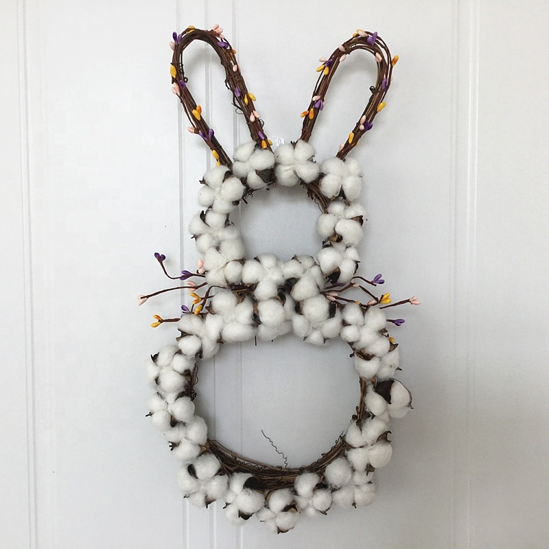 Natural Cotton Boll Twigs bunny Wreath hanging wall decoration farmhouse Easter christmas Decoration