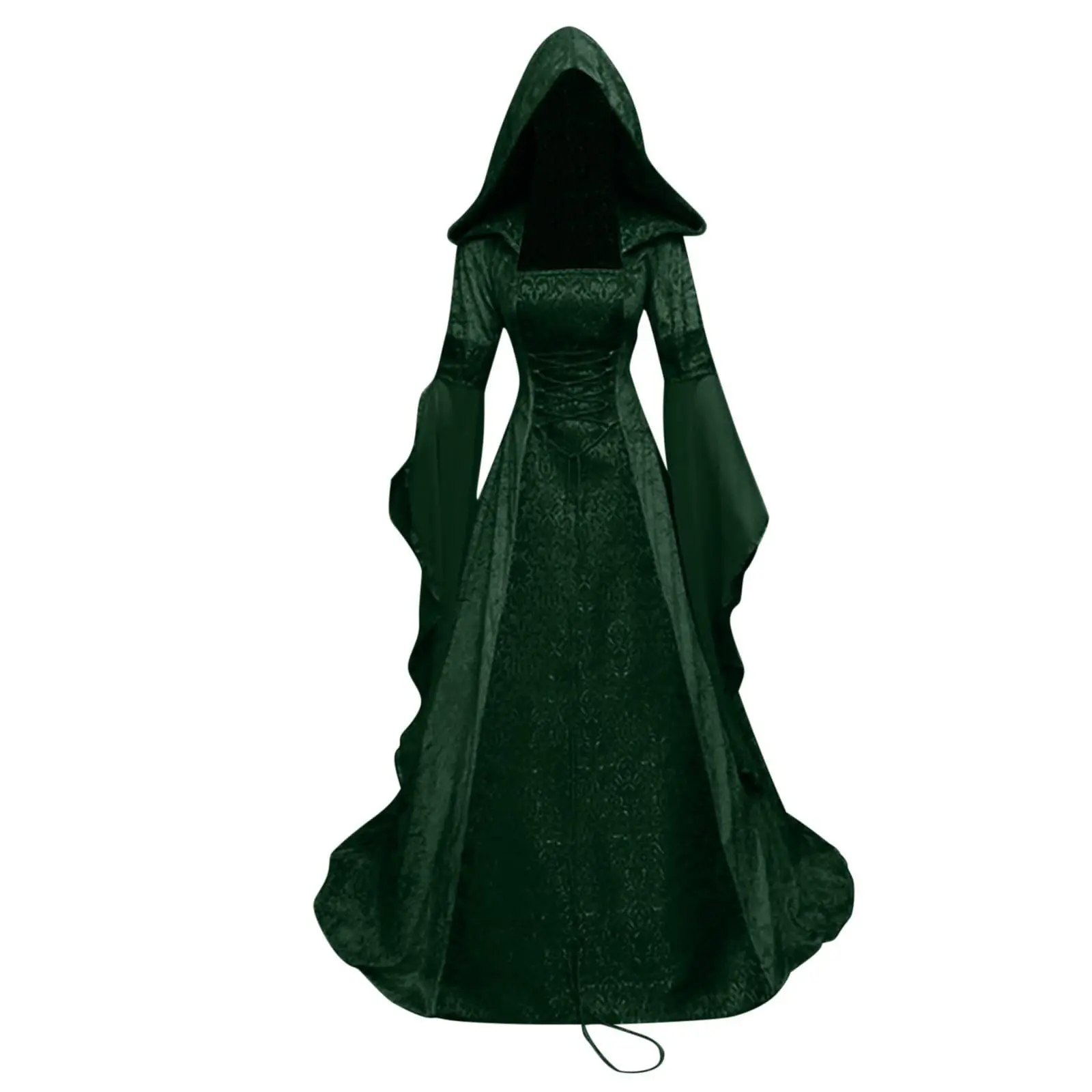 Abito da strega deluxe da donna, abito lungo con strascico medievale rinascimentale, costume da diavolo pagano per halloween, strega, abito da sposa con cappuccio