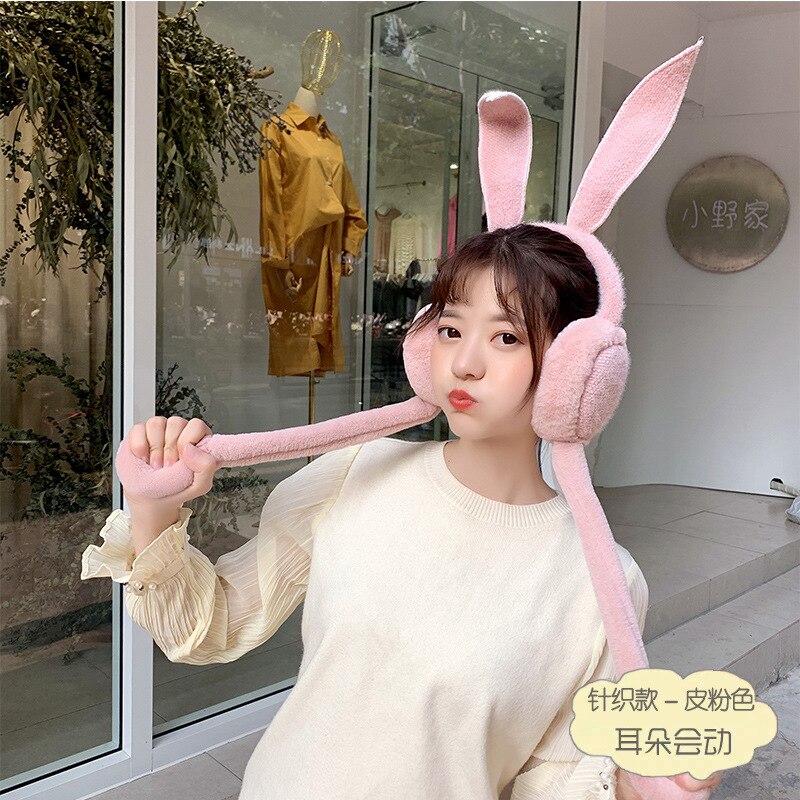Protège-oreilles mobiles pliables avec oreille de lapin en hiver coupe-vent pour filles, protège-oreilles en peluche tricoté, oreilles de lapin poilu: Knitted dark pink