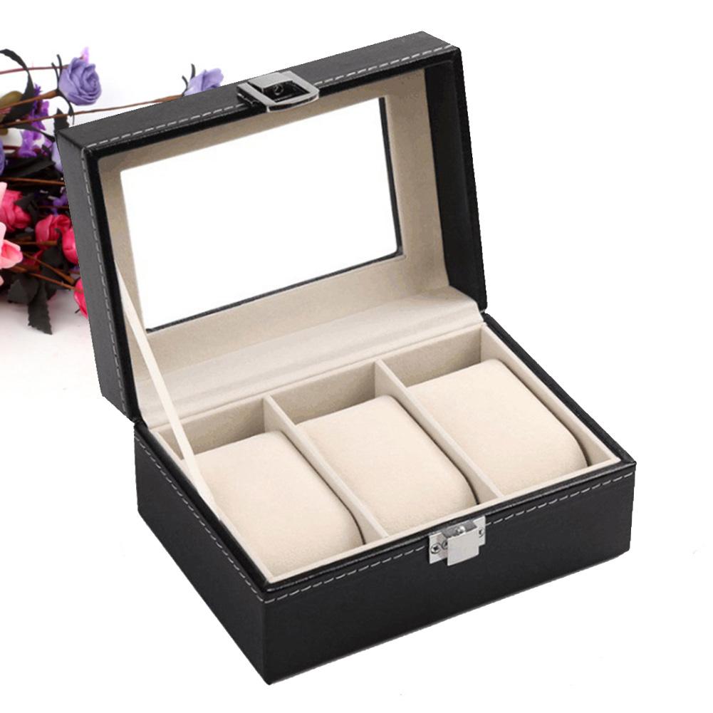 Caja para reloj, caja de almacenamiento de cuero artificial, Cajas de para joyería, organizador de cuero de imitación de alta gama, 3 ranuras para rejilla, joyero para relojes