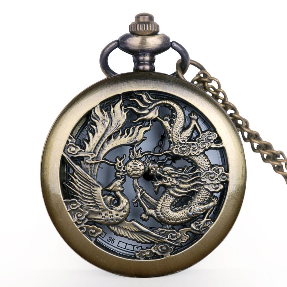 Stijl antieke steampunk holle draak en feniks gesneden holle kwarts zakhorloge vintage heren dames klok fob horloge