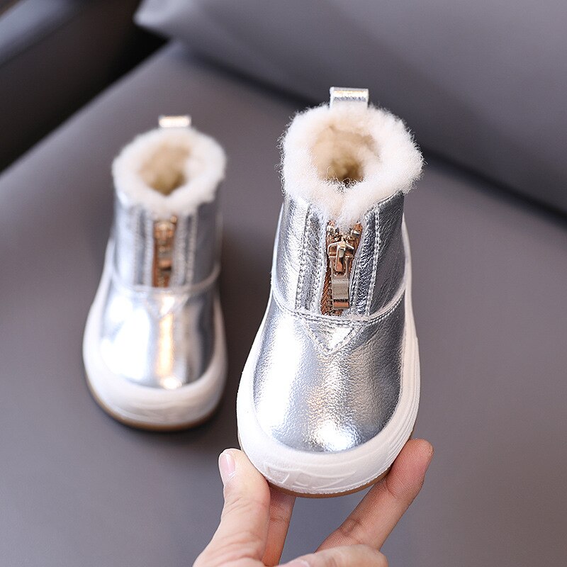 Baby Snowboots Lederen Rits Glanzende Warme Schoenen Jongens Laarzen Kinderen Schoenen Winter Meisjes Katoen Laarzen: Zilver / 27