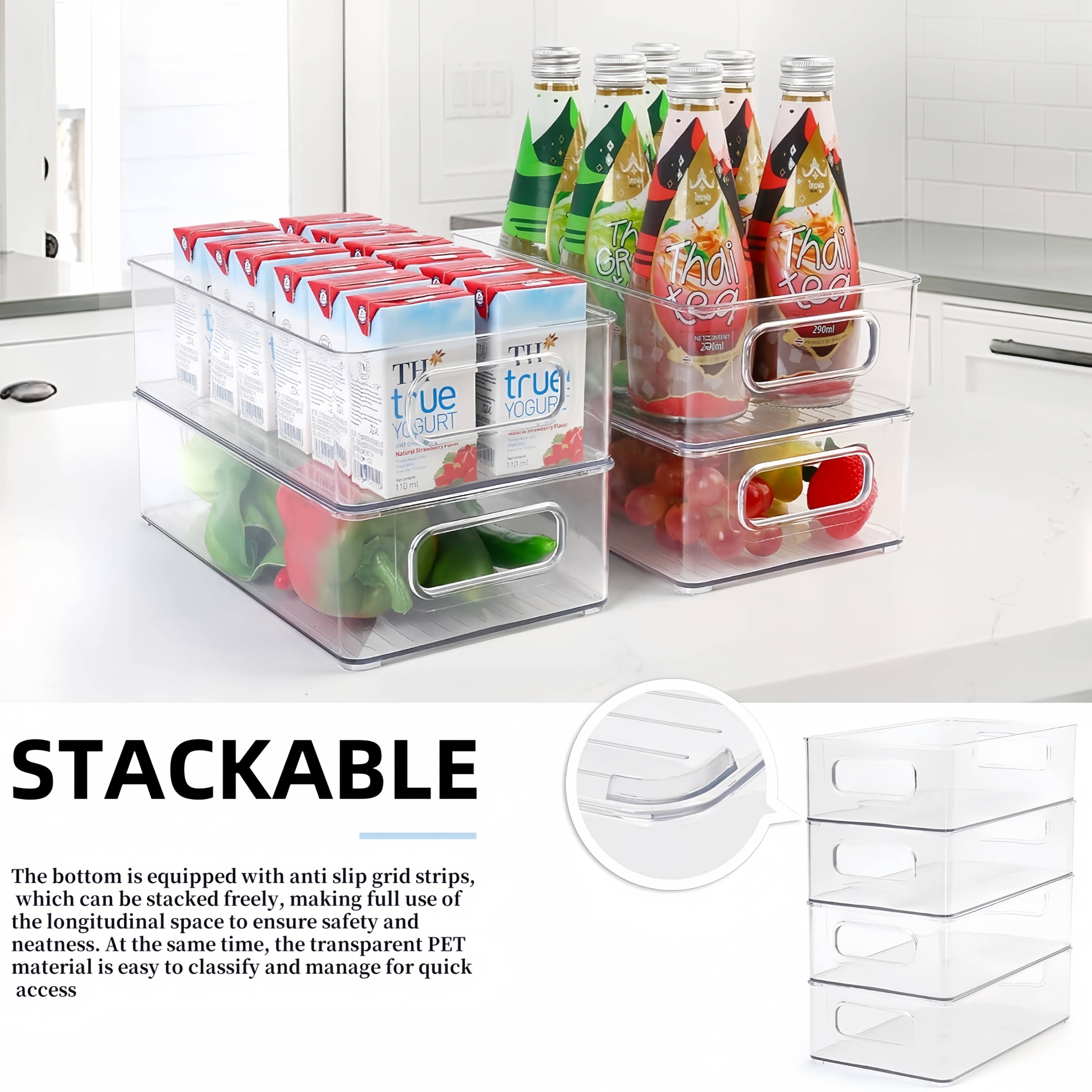 6 stk. køleskabsorganiseringskasser, multifunktionel stabelbar køleskabsopbevaringsboks til mad, med håndtag, til opbevaring af mad og drikkevarer i køkkenet