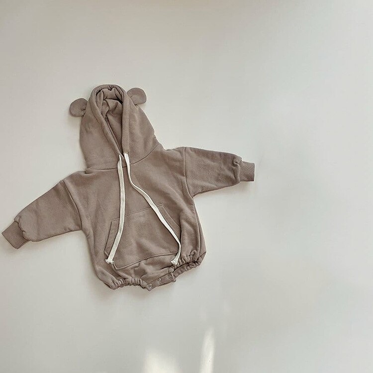 8222 Baby Kleding Hooded Jongens Bodysuit Herfst Pure Kleur Beer Oor Hooded Meisjes Bodysuit 0-2T Baby een Stuk Kleding Onesie: light coffee / 66cm