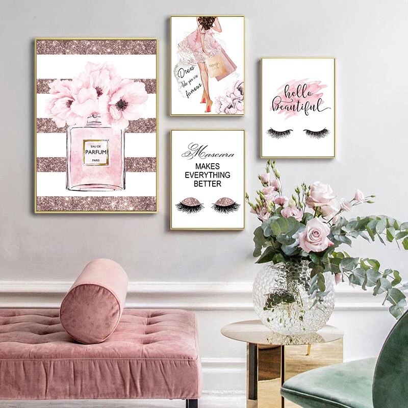 Pink Flower Perfume Poster Eyelash Lips Makeup Print Art Painting Wall Picture Modern Girl Room Home Decoration