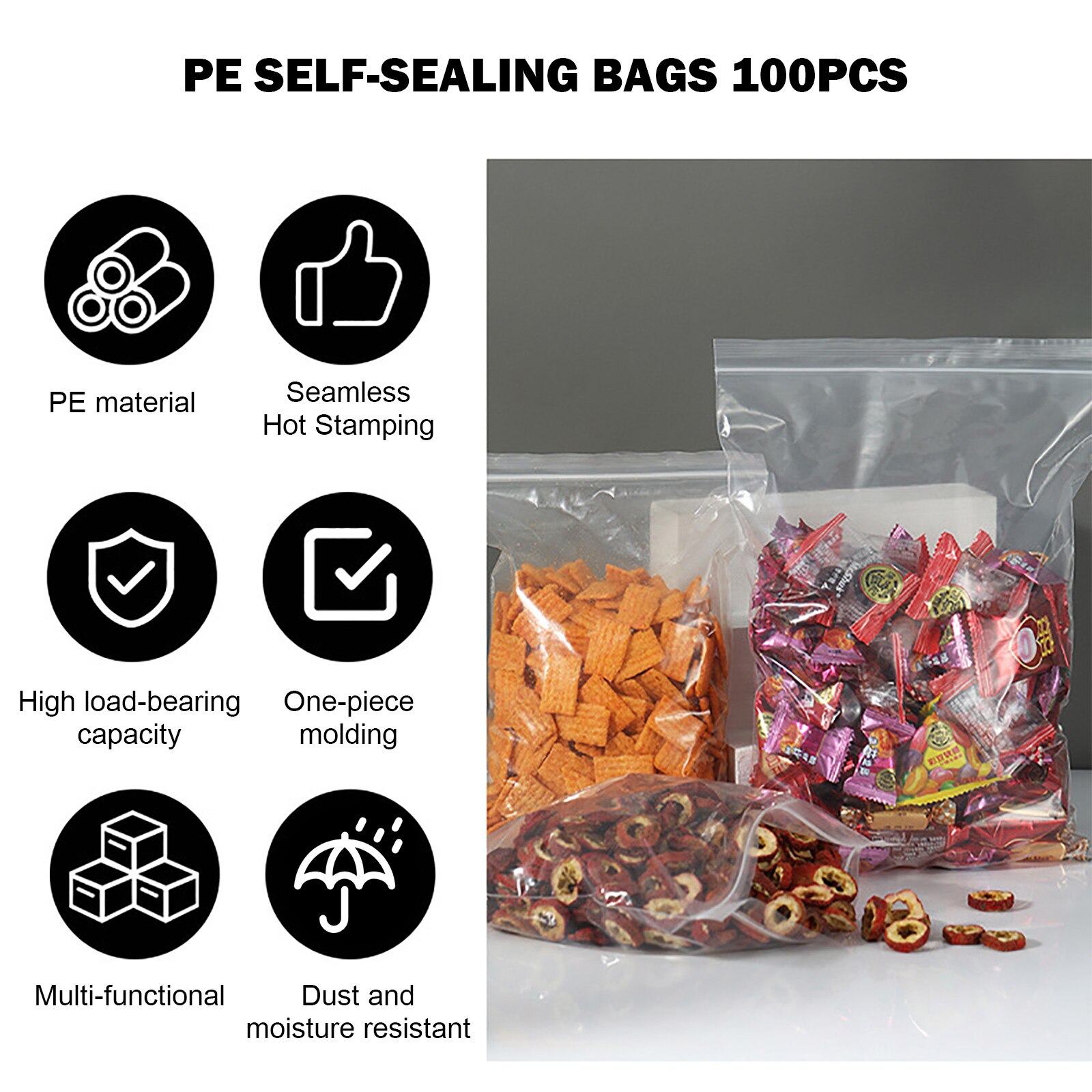 100Pcs PE Self-Sealing Bags Waterproof Packaging Food Bag Set for Cooking Fruit Pouch Fresh Holder Kitchen Supplies
