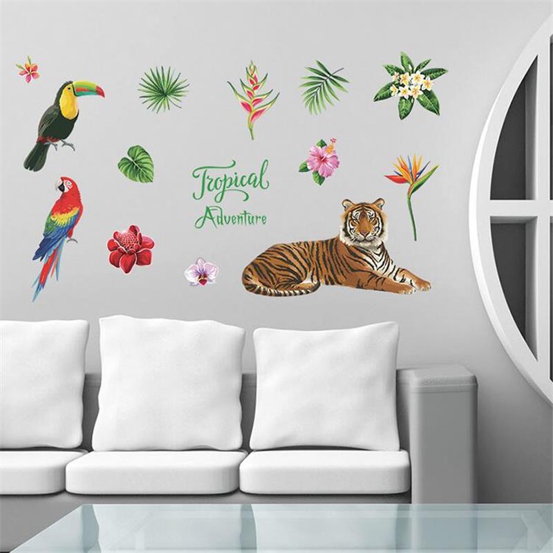 Grønne planter dyr tiger papegøye fugler veggklistremerker for barn barnerom barnehage tapet hjemmeinnredning soverom kontor kunst veggmaleri: Sk7172
