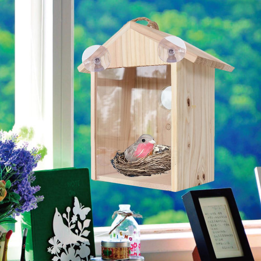 Wooden House Shape Bird Feeder Outdoor Hanging Birdhouse With Suction Cup One-way Mirror Sticker Garden Window Bird Nest