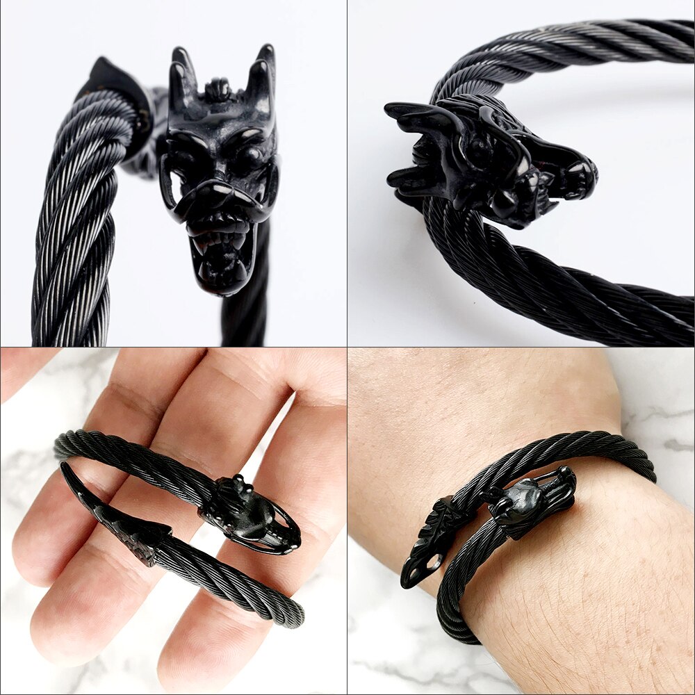 FINE4U – Bracelet manchette à tête de Dragon B060, pour hommes et femmes, en acier inoxydable 316L, à câble torsadé