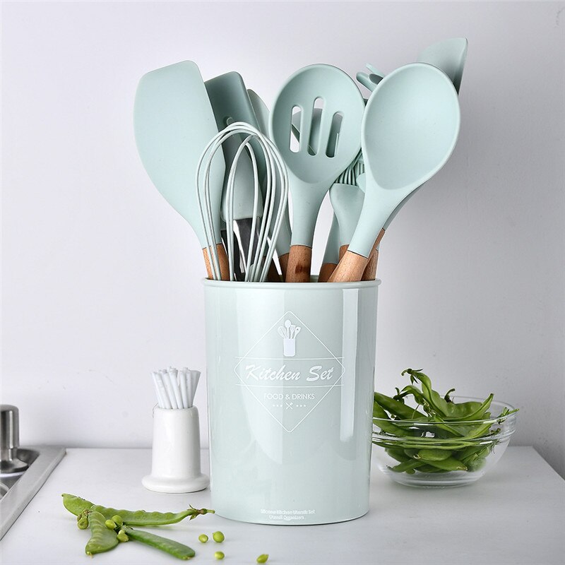 Ensemble d'ustensiles de cuisine en Silicone, antiadhésif, spatule avec manche en bois, avec boîte de rangement, 9/11 pièces