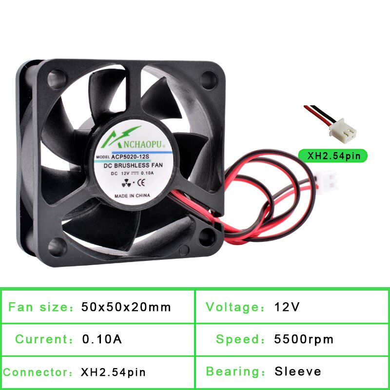 ACP5020 5Cm 50Mm Fan 50X50X20Mm DC5V 12V 24V 2pin Koelventilator geschikt Voor Chassis Voeding Lader Printer Inverter: 12V Sleeve