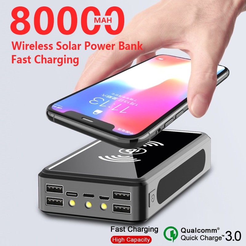 Cargador inalámbrico Qi 80000mAh, Banco de energía Solar, 4usb 9V4A cargador móvil, Banco de batería externa para Iphone Samsung Xiaomi