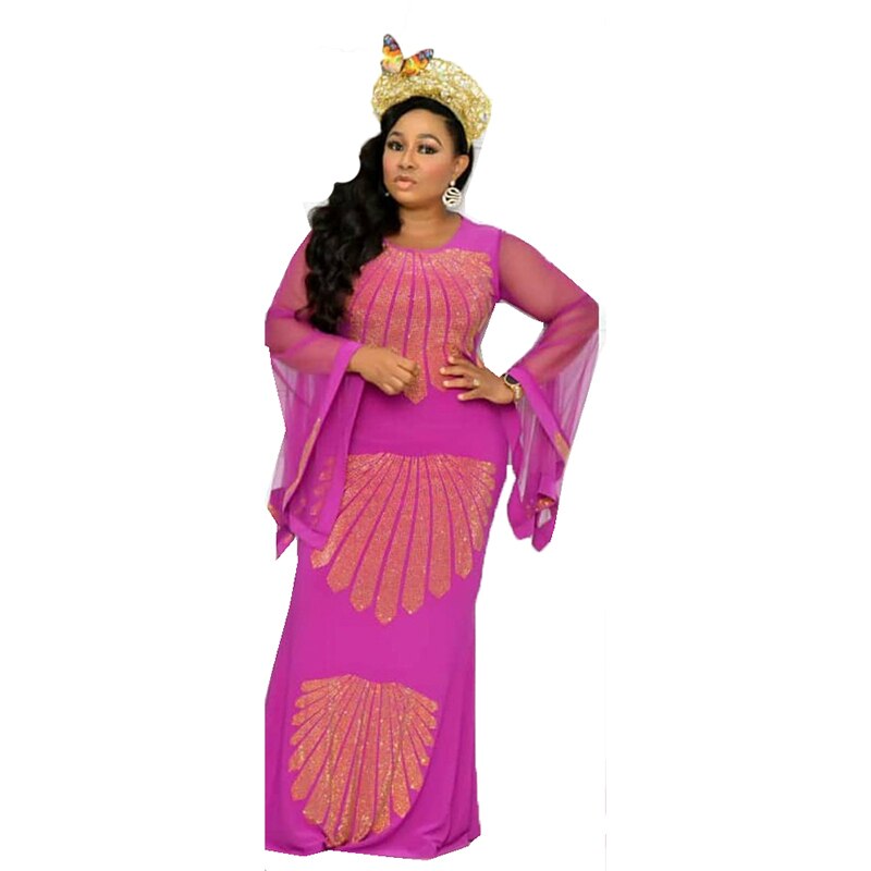 MD African Dresses For Women Evening Party Gown Ladies Diamond Shiny Dress Ankara Dashiki Maxi Robe ropa europea: Rose Red / XL