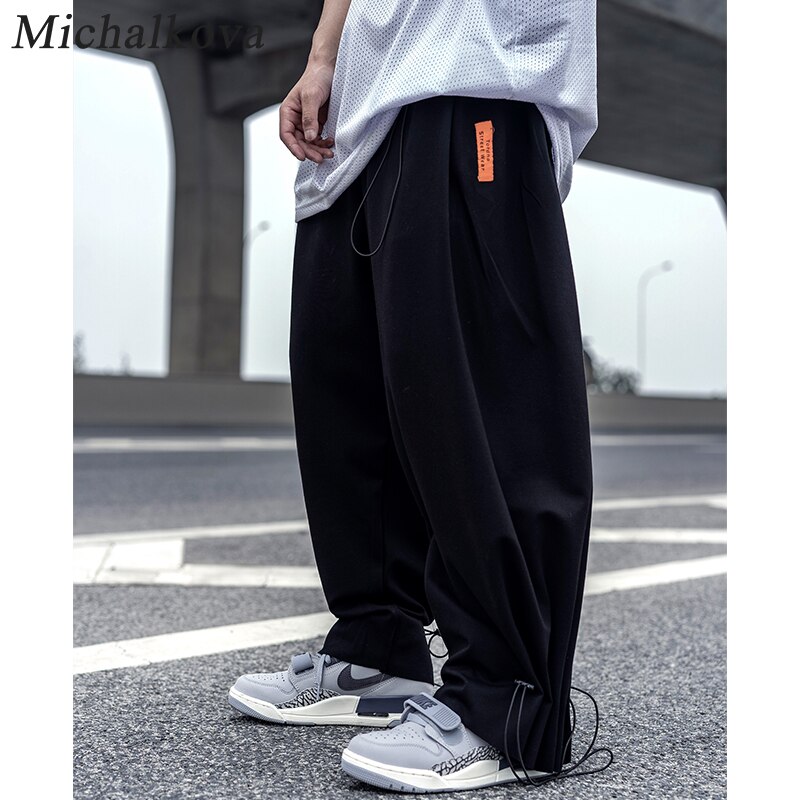 Cordón de gran tamaño ropa de hombre Pantalones Haren pantalones Hip hop punk de Harajuku oscuro ropa de calle con cintura elástica pantalón michalkova: L / Black