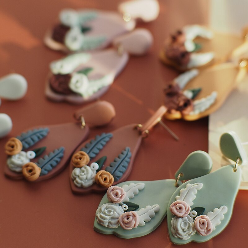 Efterår vinter form håndlavet multi farve blomstermønster polymer ler samling øreringe dangle sæt kvinder smykker