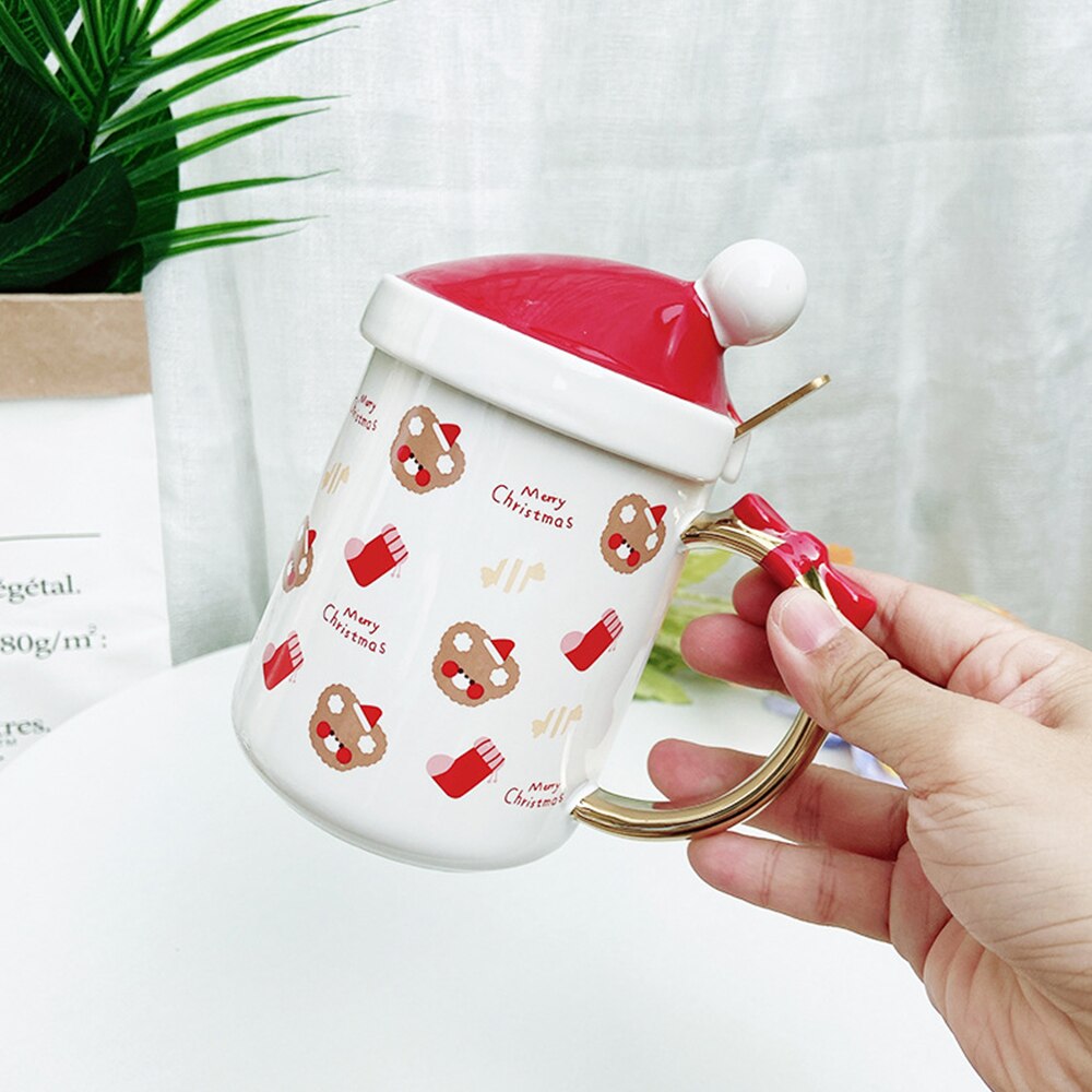 Tapa con forma de sombrero de Navidad, vaso de agua de caballo de cerámica de dibujos animados, oso de muñeco de nieve de Santa Claus con cuchara, taza de café, vasos de , 400ml: B
